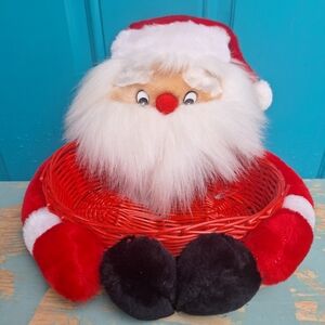 Santa Basket Vintage Christmas Claus Fuzzy Fur Gift Goodie Serving Plush Toy